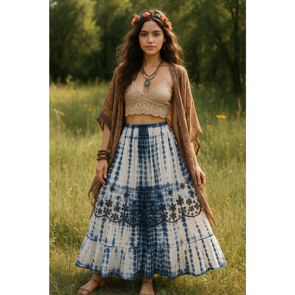 Studio West Womens MIDI Skirt Size XL Blue Tie Dye Tiered Embroidered Gypsy Boho